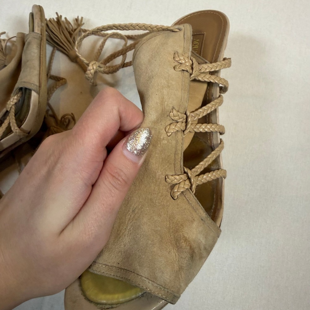 Aquazzura Firenze Lace Up Heels Tassel Suede Beige Sandals - Size 37.5 - Picture 5 of 7